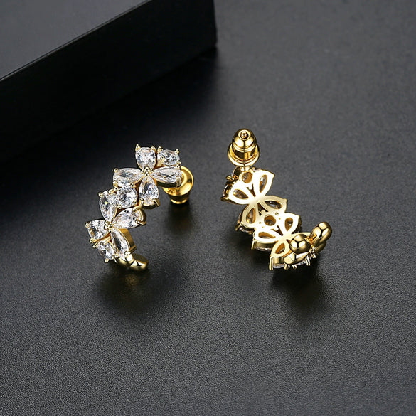Women's Copper Flower Cshaped Earrings With Zircon Inlay And Electroplated Finish Fashion Jewelry