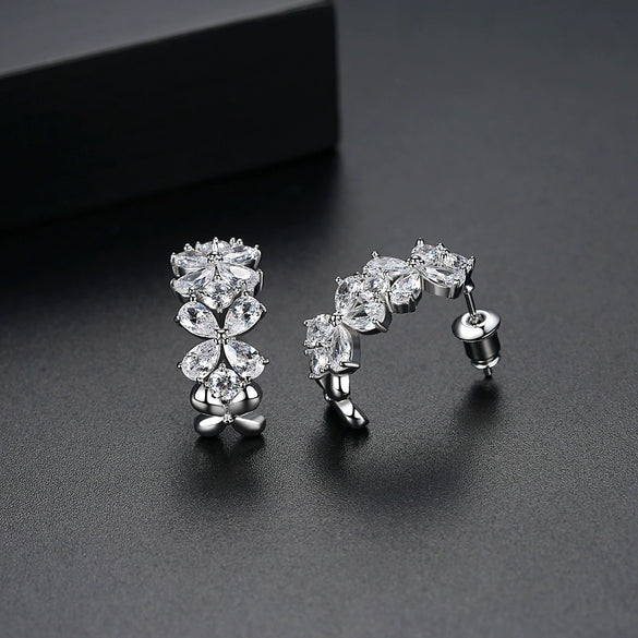 Women's Copper Flower Cshaped Earrings With Zircon Inlay And Electroplated Finish Fashion Jewelry
