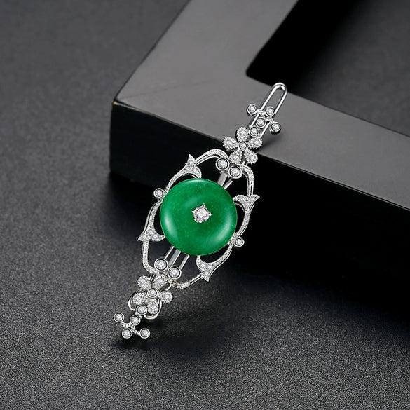 Women's Copper Flower Hairpin Side Clip With Geometric Design Retro Green Electroplated Hair Accessory