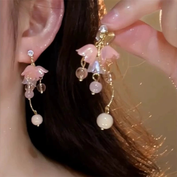Women's Copper Flower Long Earrings Set With Crystal