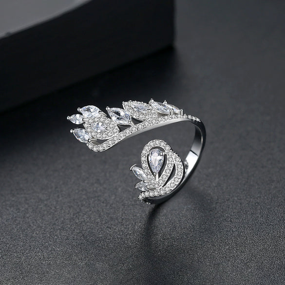 Women's Copper Flower Ring With Zircon Accents Geometric Design Electroplated Finish And Adjustable Open Band
