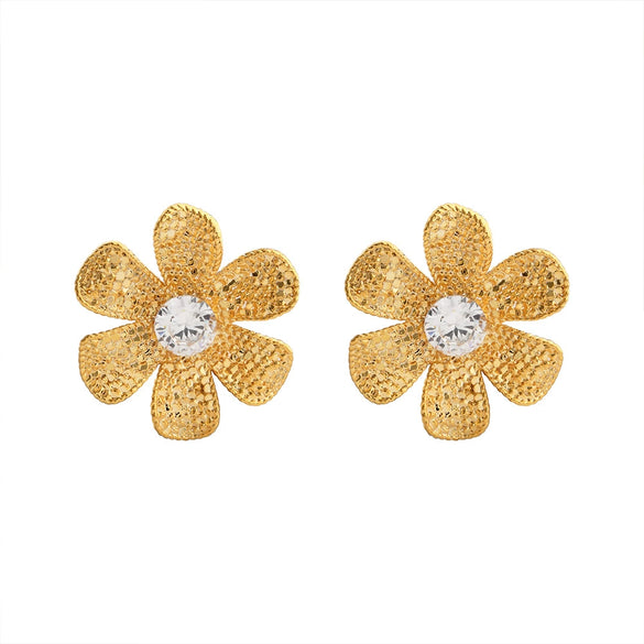 Women's Copper Flower Stud Earrings With Metal Scale Pattern And Electroplated Finish Elegant Fashion Statement Jewelry