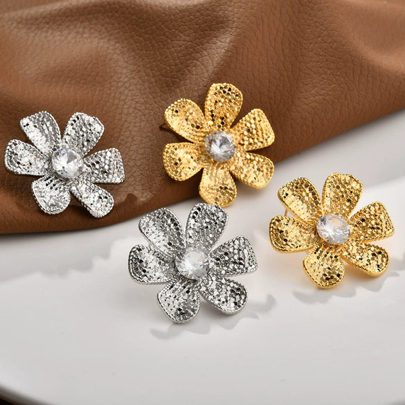Women's Copper Flower Stud Earrings With Metal Scale Pattern And Electroplated Finish Elegant Fashion Statement Jewelry