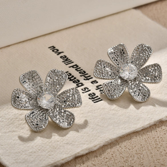 Women's Copper Flower Stud Earrings With Metal Scale Pattern And Electroplated Finish Elegant Fashion Statement Jewelry