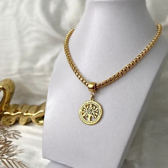 Women's Copper Flower Tree Of Life Pendant Choker Necklace With Electroplated Finish And Light Luxury Elegant Style