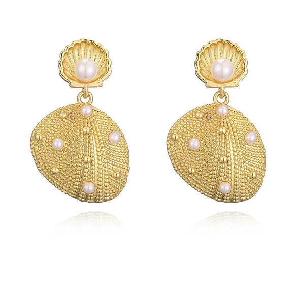 Women's Copper Geometric Beach Fan Shell Conch Stud Earrings With Pearls Fashion Minimalist