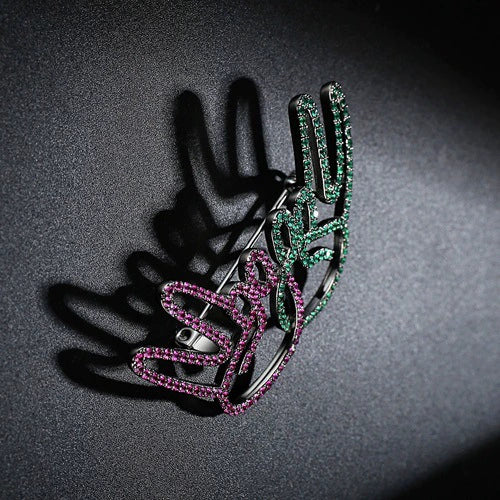 Women's Copper Geometric Brooch With Blue Green And Red Crystal Inlay Electroplated Suit Pin Minimalist Fashion Accessory