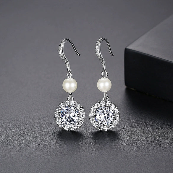 Women's Copper Geometric Ear Hook Earrings With Zircon Crystal And Pearl Details Long Simple Electroplated Fashion Jewelry