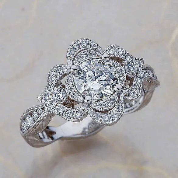 Women's Copper Geometric Floral Hollow Ring With Zircon Accents Electroplated Wedding Jewelry Accessory