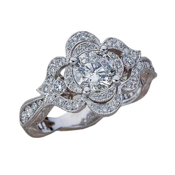 Women's Copper Geometric Floral Hollow Ring With Zircon Accents Electroplated Wedding Jewelry Accessory