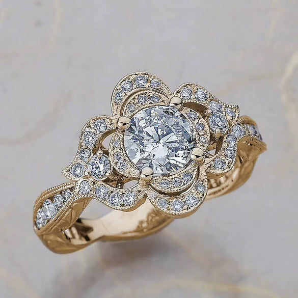 Women's Copper Geometric Floral Hollow Ring With Zircon Accents Electroplated Wedding Jewelry Accessory