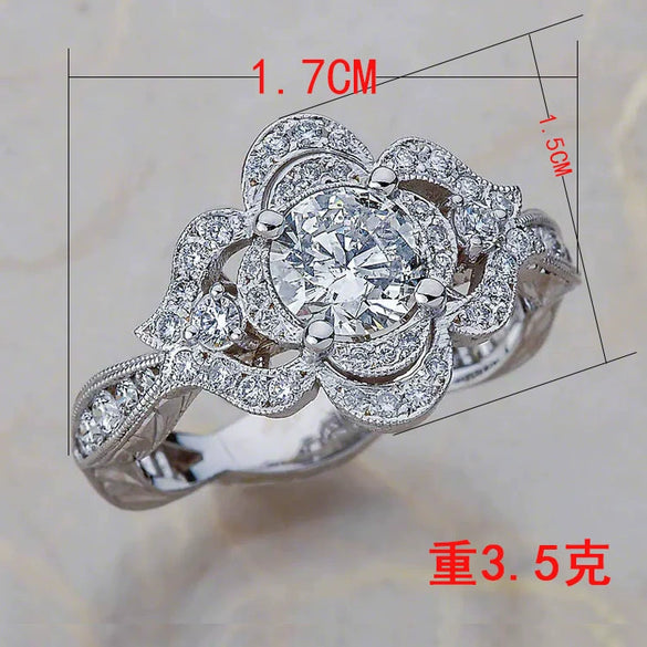 Women's Copper Geometric Floral Hollow Ring With Zircon Accents Electroplated Wedding Jewelry Accessory