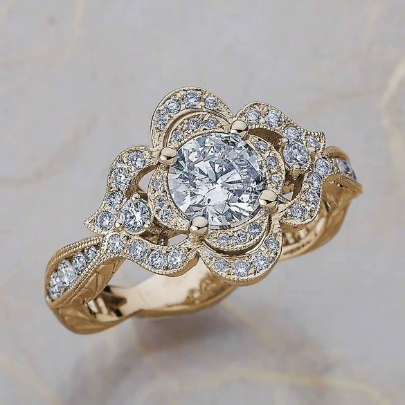 Women's Copper Geometric Floral Hollow Ring With Zircon Accents Electroplated Wedding Jewelry Accessory