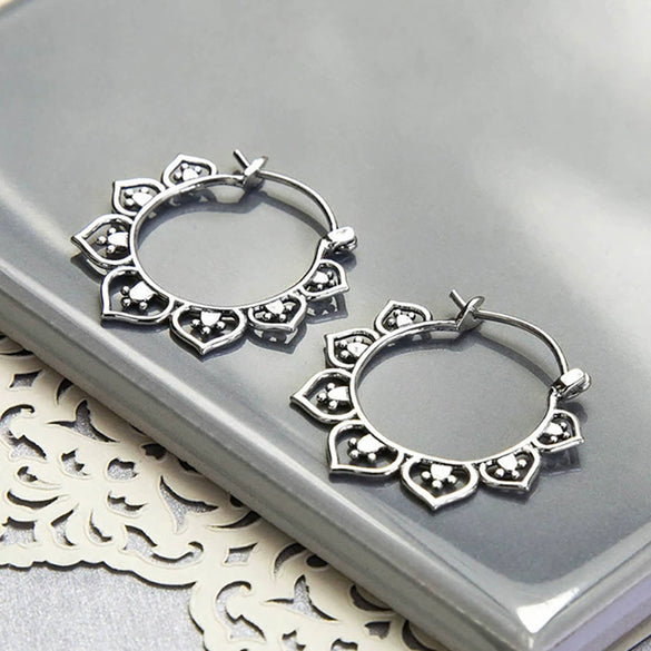 Women's Copper Geometric Inlaid Zircon Earrings Retro Style With Lotus Pattern