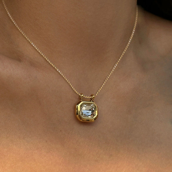 Women's Copper Geometric Mixed Gemstone Setting Zirconia Box Chain Necklace Chic Style