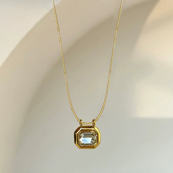 Women's Copper Geometric Mixed Gemstone Setting Zirconia Box Chain Necklace Chic Style