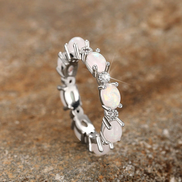 Women's Copper Geometric Oval Imitation White Fire Opal Stacking Ring With Electroplating Design
