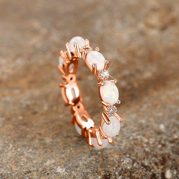 Women's Copper Geometric Oval Imitation White Fire Opal Stacking Ring With Electroplating Design
