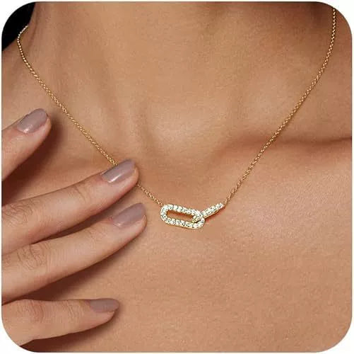 Women's Copper Geometric Paper Clip Pendant Necklace With Micro Paved Zircon Double Ring Charm And O Shaped Chain Electroplated Fashion Clavicle Necklace