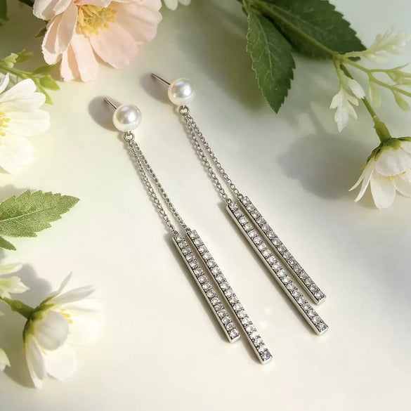 Women's Copper Geometric Tassel Pearl Earrings With Sparkling Rhinestone Accents And Electroplated Minimalist Jewelry Design