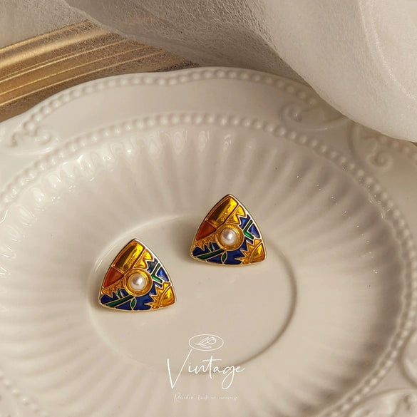 Women's Copper Geometric Triangle Hollow Earrings With Enamel Art And Goldplated Gemstone Accents