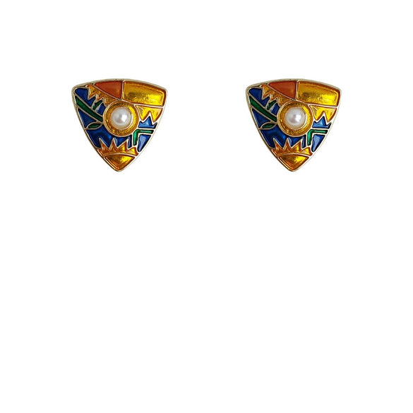 Women's Copper Geometric Triangle Hollow Earrings With Enamel Art And Goldplated Gemstone Accents