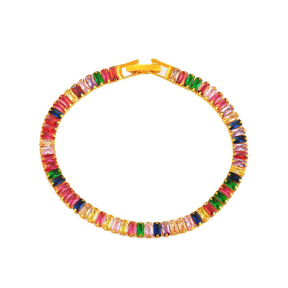 Women's Copper Geometric Zirconia Claw Chain Bracelet With Colorful Full Pavé Style And Rice Bead Design