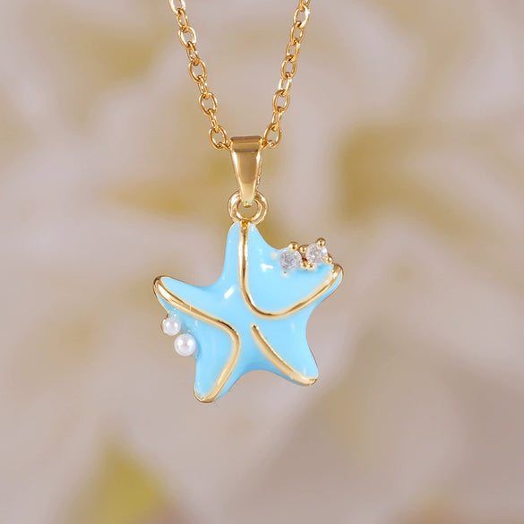 Women's Copper Gold Plated Animal Zodiac Starfish Pendant Necklace With Mixed Gemstone Setting And O Word Chain