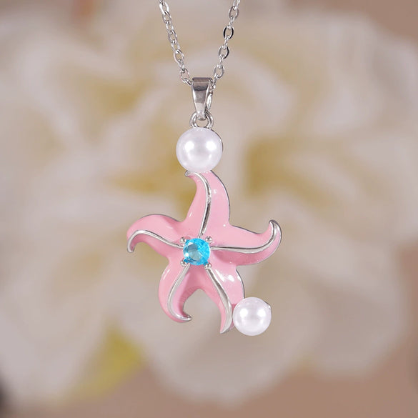 Women's Copper Gold Plated Animal Zodiac Starfish Pendant Necklace With Mixed Gemstone Setting And O Word Chain