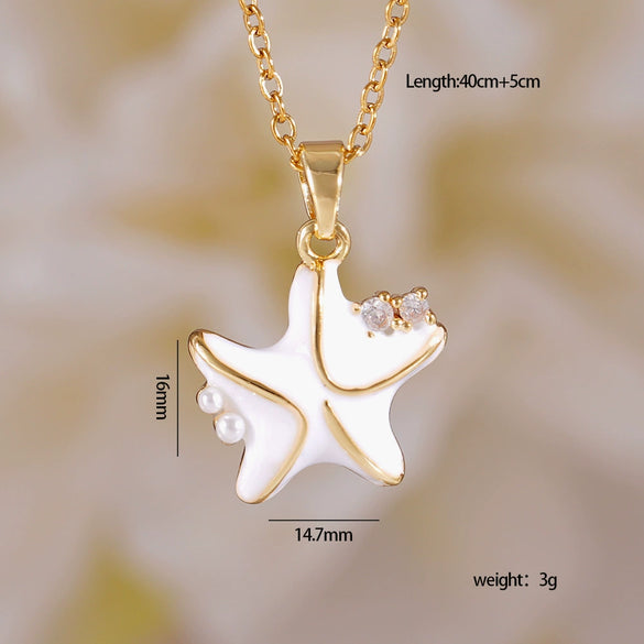 Women's Copper Gold Plated Animal Zodiac Starfish Pendant Necklace With Mixed Gemstone Setting And O Word Chain