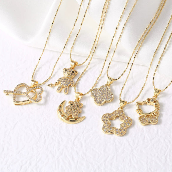 Women's Copper Goldplated Geometric Love Star Pendant Bamboo Chain Necklace