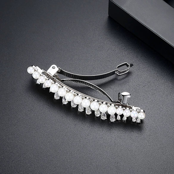 Women's Copper Hairpin With Water Drop Zircon Pearl And Tassel Details Elegant Fashion Word Clip Hair Accessory