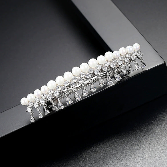 Women's Copper Hairpin With Water Drop Zircon Pearl And Tassel Details Elegant Fashion Word Clip Hair Accessory