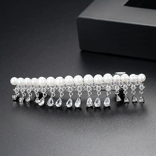 Women's Copper Hairpin With Water Drop Zircon Pearl And Tassel Details Elegant Fashion Word Clip Hair Accessory