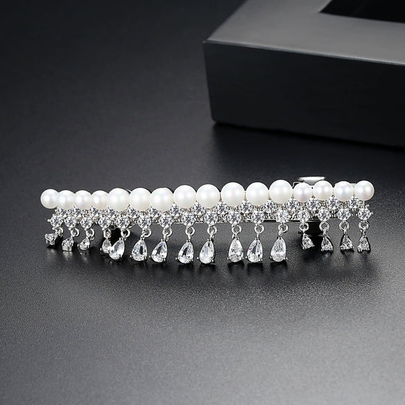 Women's Copper Hairpin With Water Drop Zircon Pearl And Tassel Details Elegant Fashion Word Clip Hair Accessory