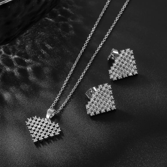 Women's Copper Heart And Water Drop Zircon Inlaid Earrings And Necklace Set With O Chain Sweet Cute Natural Style Jewelry