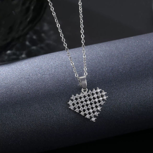 Women's Copper Heart And Water Drop Zircon Inlaid Earrings And Necklace Set With O Chain Sweet Cute Natural Style Jewelry