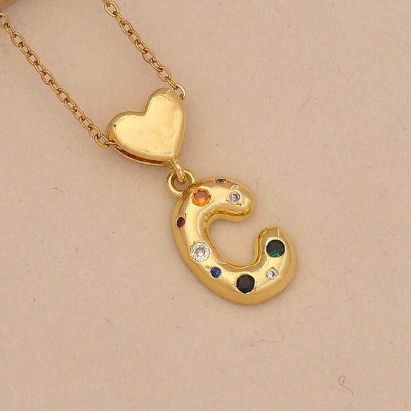 Women's Copper Heart Letter Pendant Necklace With Colorful Zircon And Letter Pattern