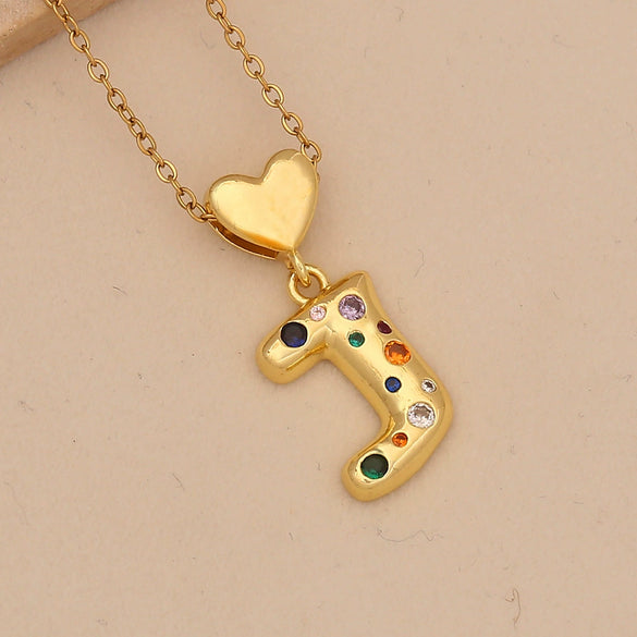 Women's Copper Heart Letter Pendant Necklace With Colorful Zircon And Letter Pattern