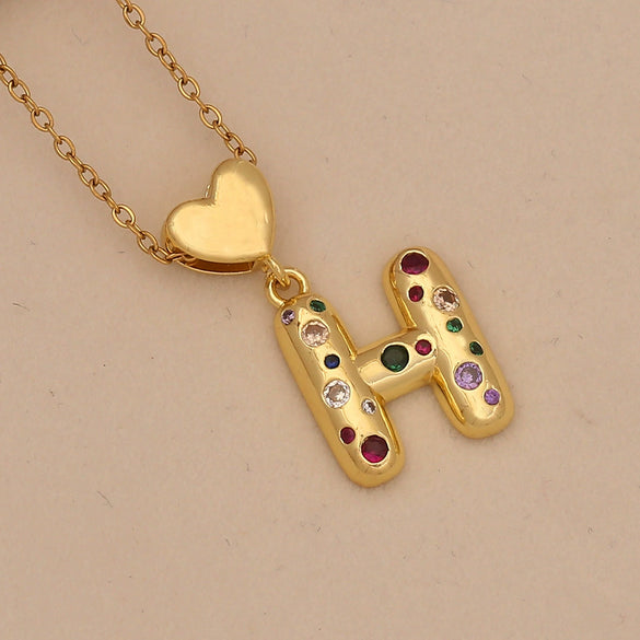 Women's Copper Heart Letter Pendant Necklace With Colorful Zircon And Letter Pattern