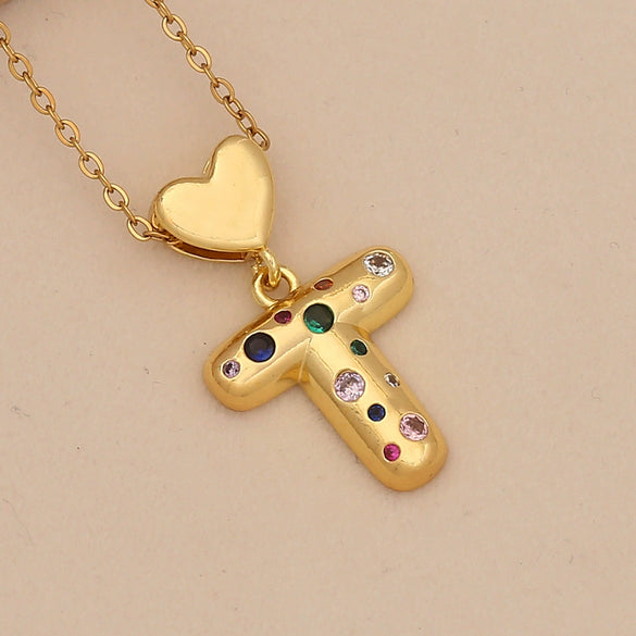 Women's Copper Heart Letter Pendant Necklace With Colorful Zircon And Letter Pattern