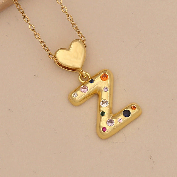 Women's Copper Heart Letter Pendant Necklace With Colorful Zircon And Letter Pattern