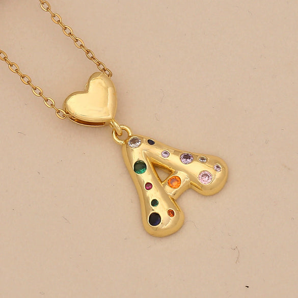 Women's Copper Heart Letter Pendant Necklace With Colorful Zircon And Letter Pattern