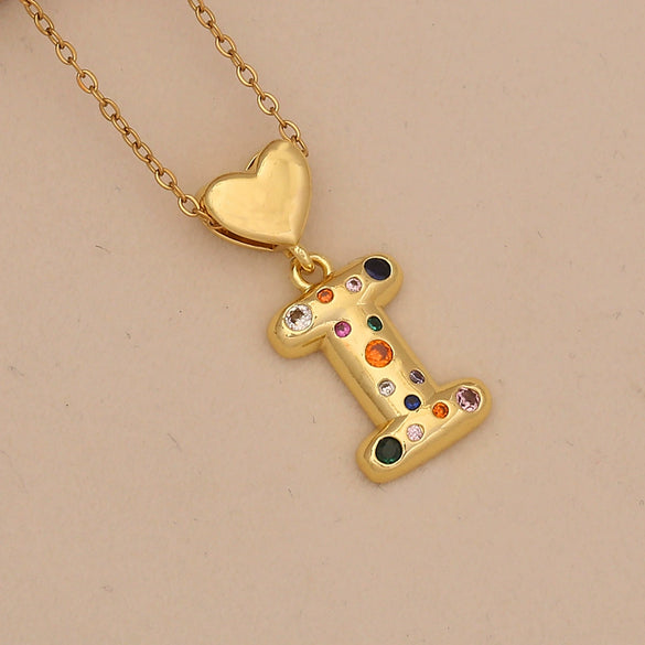 Women's Copper Heart Letter Pendant Necklace With Colorful Zircon And Letter Pattern