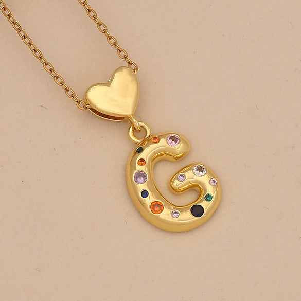 Women's Copper Heart Letter Pendant Necklace With Colorful Zircon And Letter Pattern