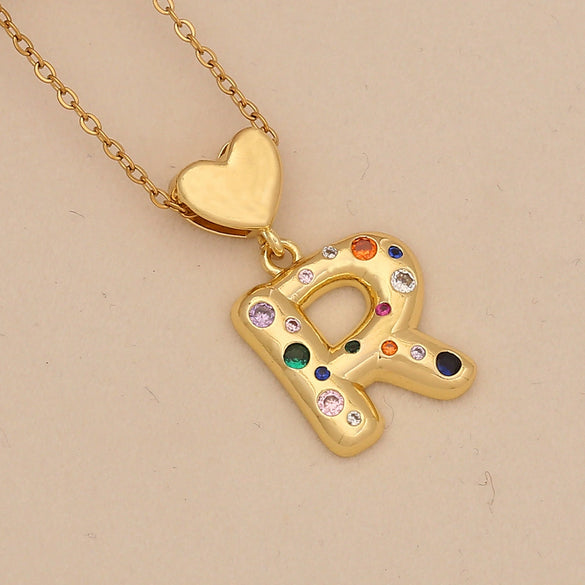 Women's Copper Heart Letter Pendant Necklace With Colorful Zircon And Letter Pattern