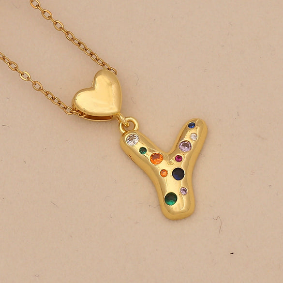 Women's Copper Heart Letter Pendant Necklace With Colorful Zircon And Letter Pattern