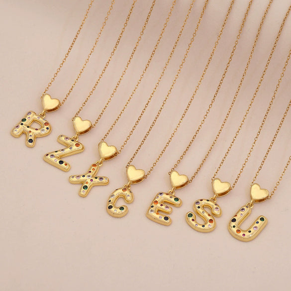 Women's Copper Heart Letter Pendant Necklace With Colorful Zircon And Letter Pattern