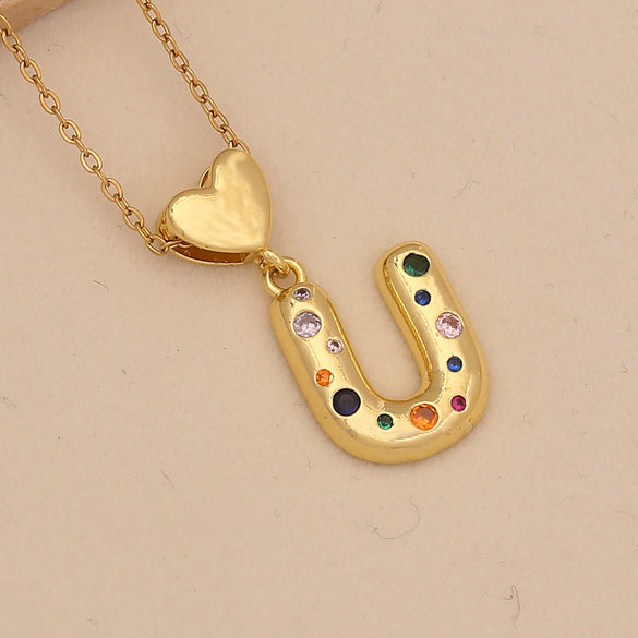 Women's Copper Heart Letter Pendant Necklace With Colorful Zircon And Letter Pattern