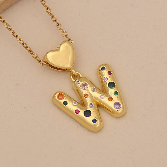 Women's Copper Heart Letter Pendant Necklace With Colorful Zircon And Letter Pattern